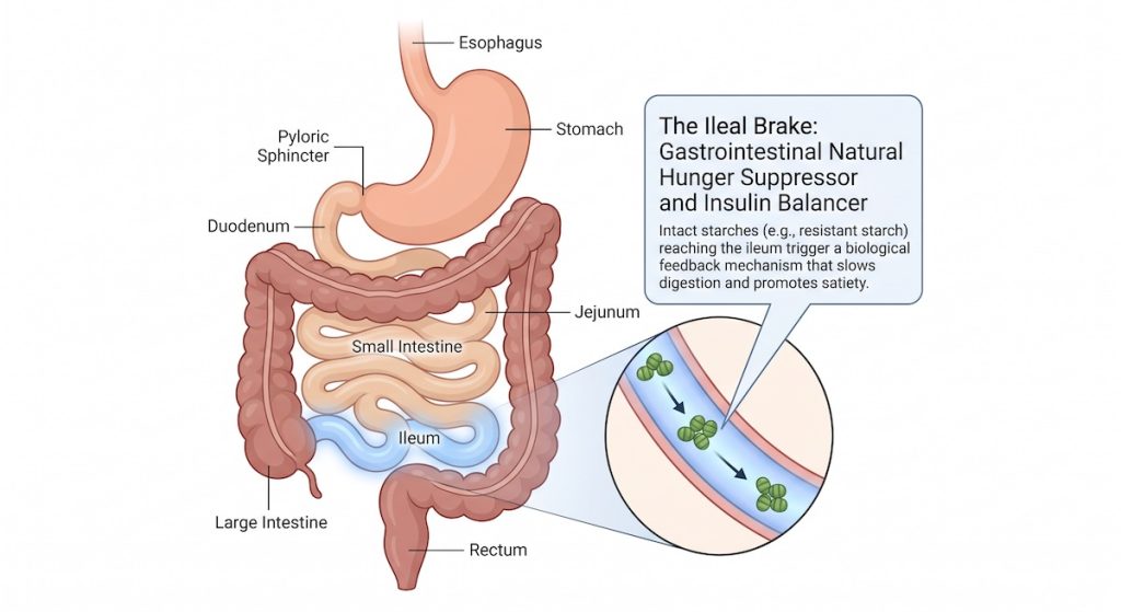 Your stop eating handbrake A minimalist medical diagram of the human digestive system on a white background, highlighting the stomach, small intestine, and a glowing blue ileum. A detailed callout window shows starch molecules moving through the ileum with an explanatory label: 'The Ileal Brake: Gastrointestinal Natural Hunger Suppressor and Insulin Balancer.