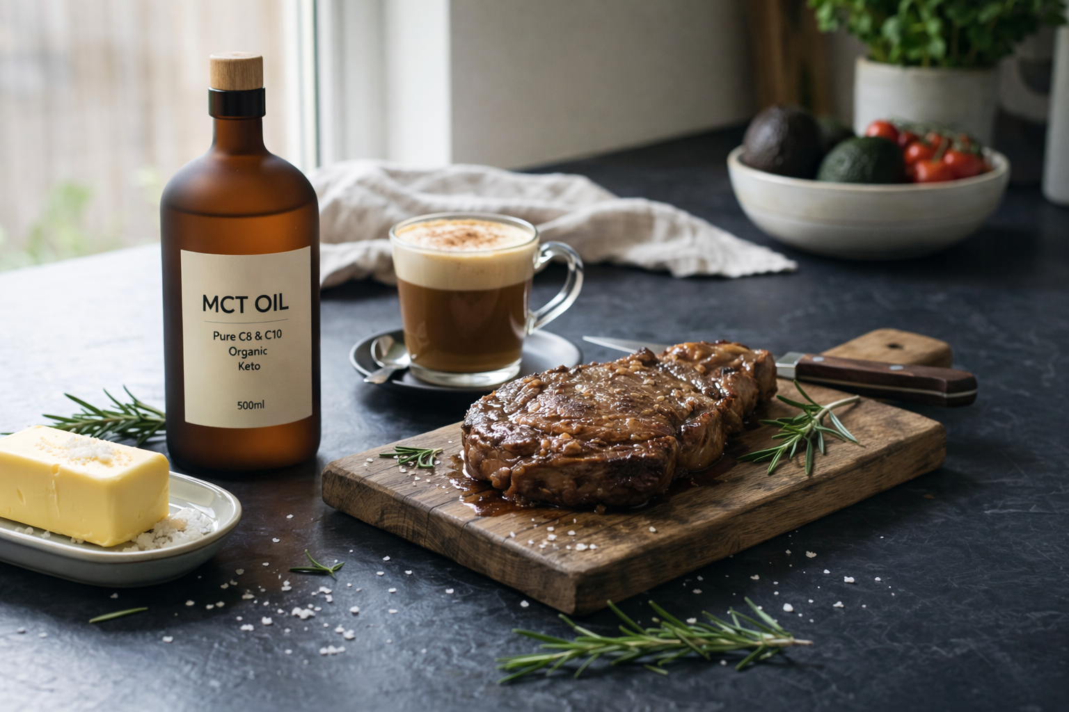 keto foods A premium, 4K realistic photograph of a modern keto culinary spread on a dark slate countertop, featuring a seared ribeye steak on a wooden board, a block of organic butter, a frosted amber bottle labeled 'MCT Oil', and a frothy cup of butter coffee.