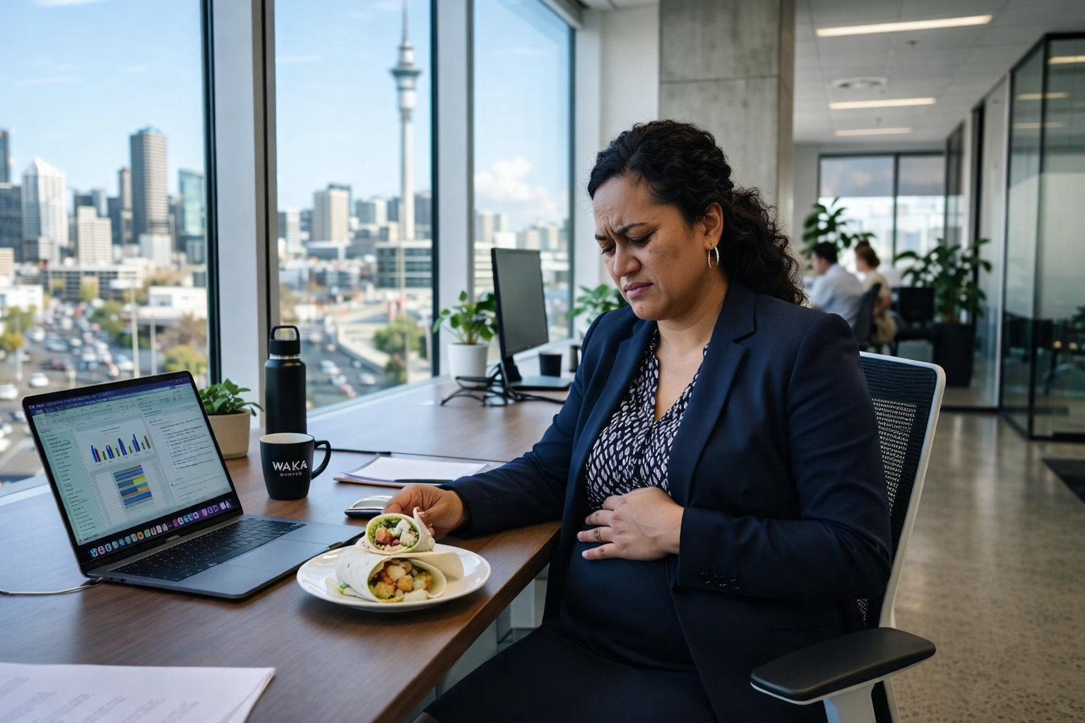 pacific islander woman bloated office lunch A Pacific Islander woman in a corporate office suit looks down at a half-eaten chicken wrap with an expression of heavy fatigue, resting her hand on her bloated stomach. Her modern high-rise office desk features a laptop with spreadsheets, a coffee mug, and a water bottle, with a bright city skyline visible through the window behind her.