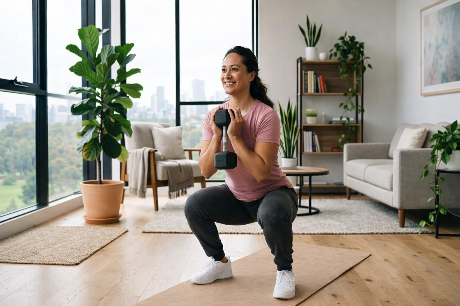 A Pacific Islander woman in her late 30s performing a controlled goblet squat with a dumbbell in a modern apartment lounge room. She is wearing a pink t-shirt and gray track pants on a yoga mat. Large windows show a soft city view alongside bright morning light, a fiddle-leaf fig plant, and polished timber floors.