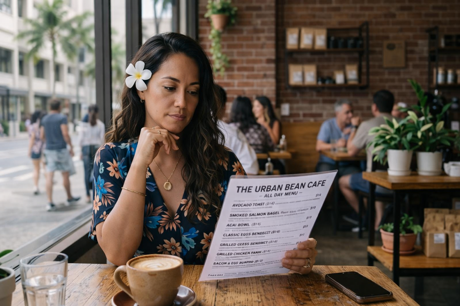 pacific islander woman deciding cafe meal pacific islander woman deciding cafe meal