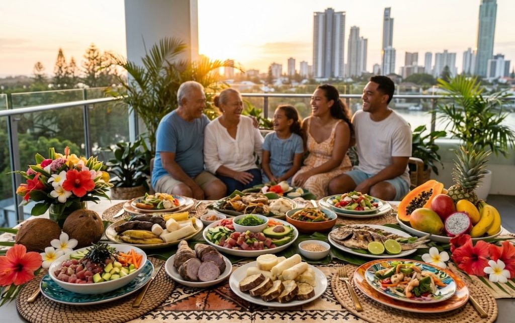 pacific islander family feast gold coast balcony