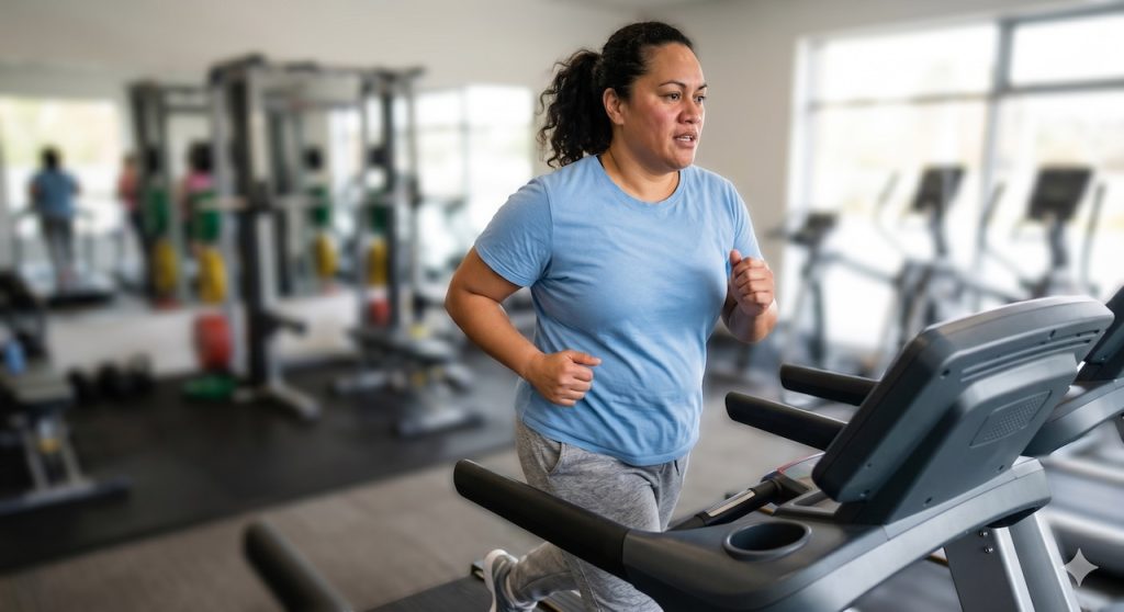 pacific islander woman running on treadmill
