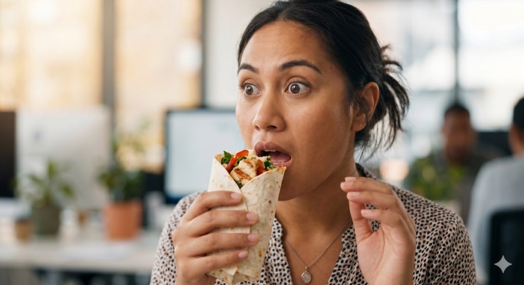 pacific islander woman surprised about to eat