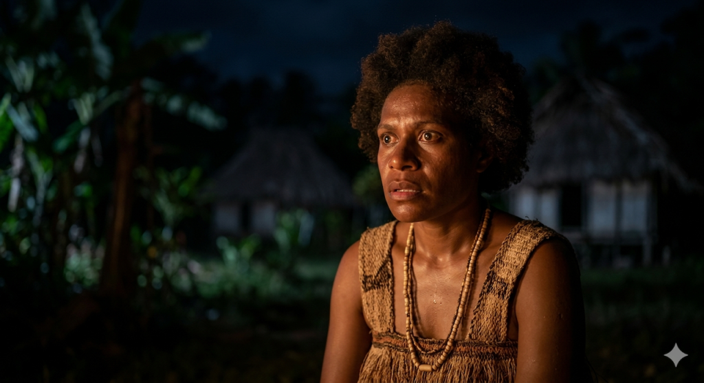 scared melanesian woman at night